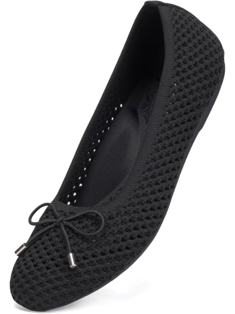 Women's All Black Mesh Flats Round Toe Fordable Dressy Shoes With Bow-Knot